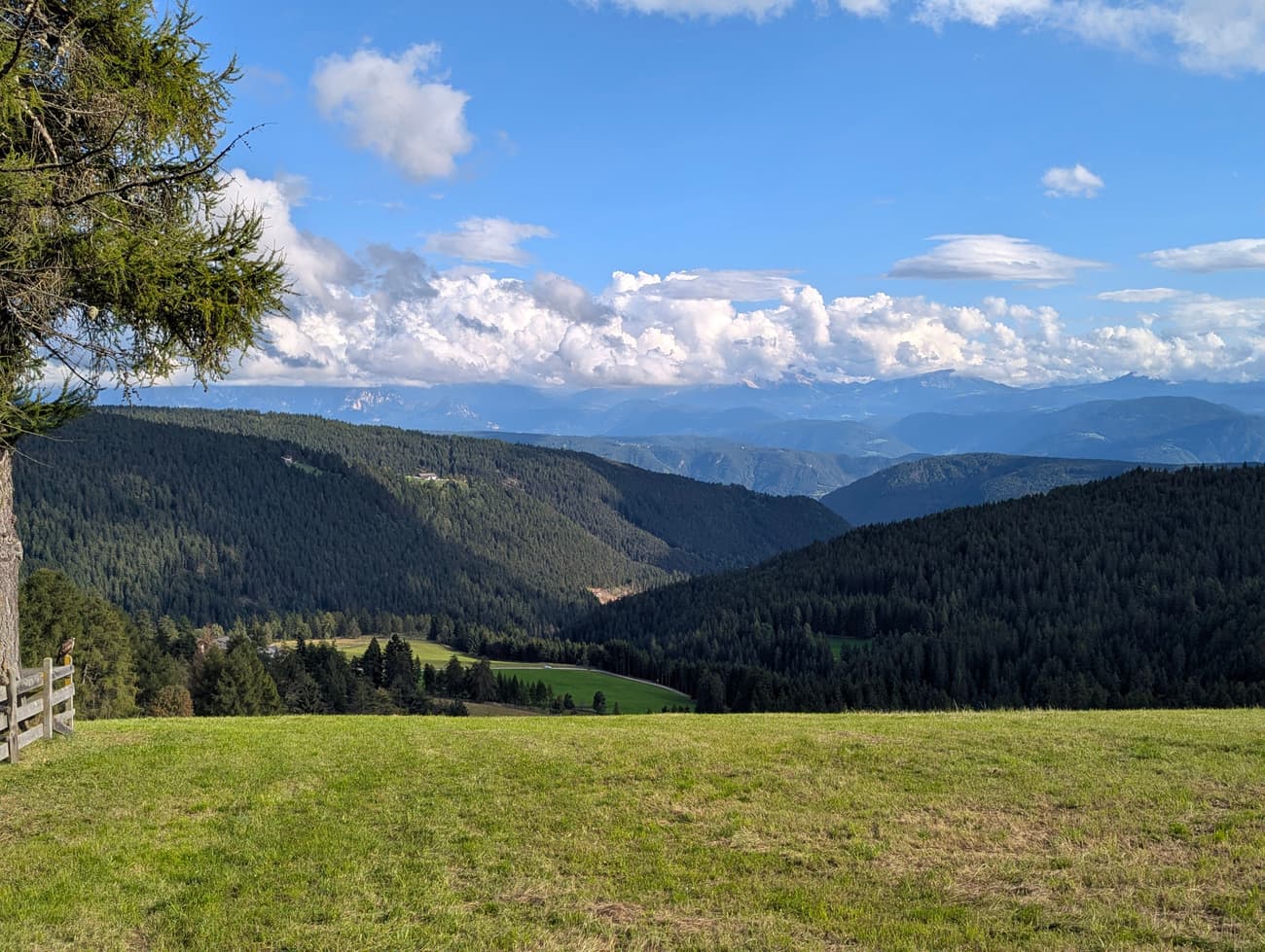 A mown alpine meadow dropping away into forested valleys, with cloud-capped Dolomite peaks strung along the far horizon.