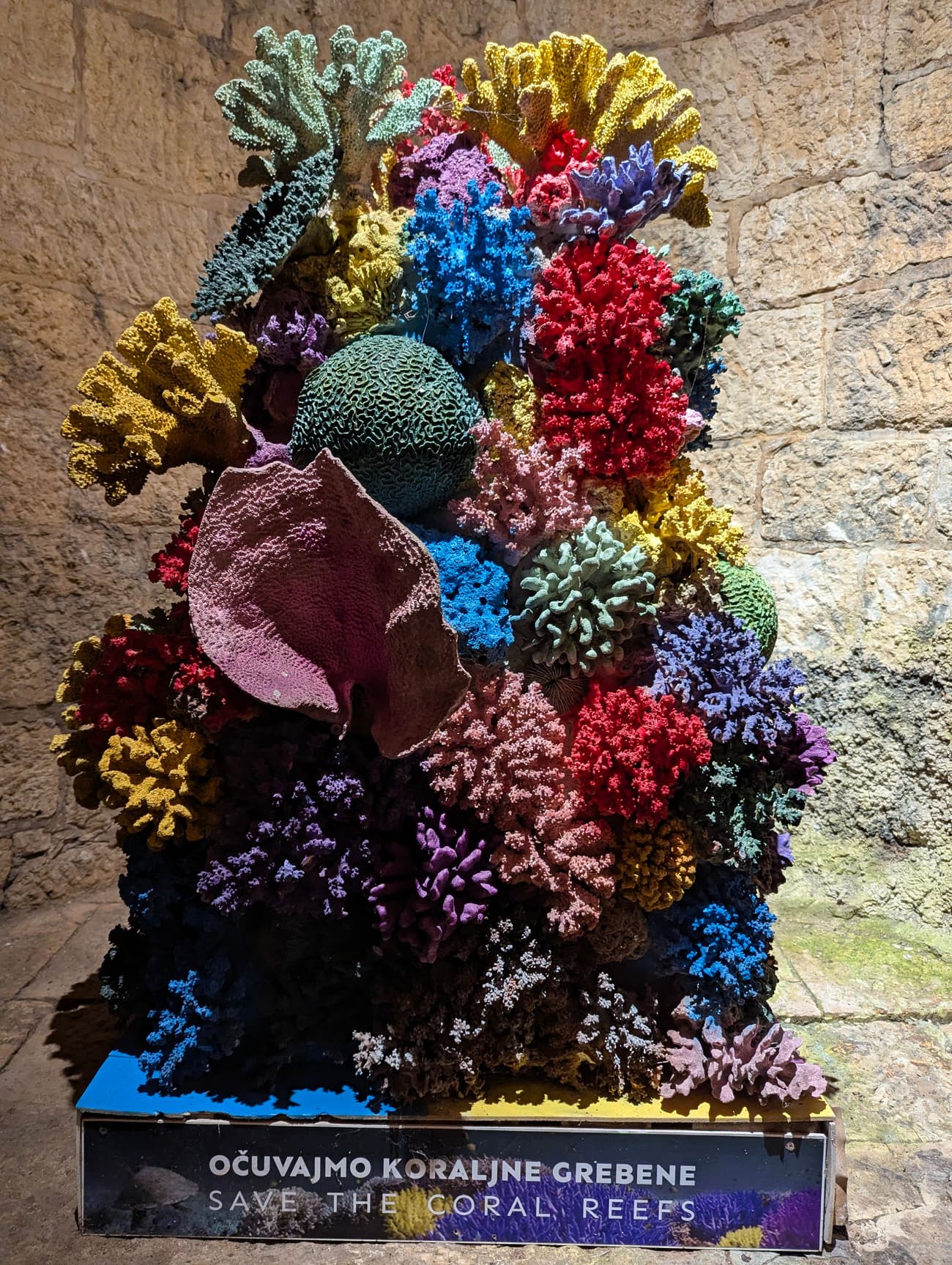 A sculpture built from brightly painted corals against a stone wall, captioned 'Očuvajmo koraljne grebene — Save the coral reefs'.