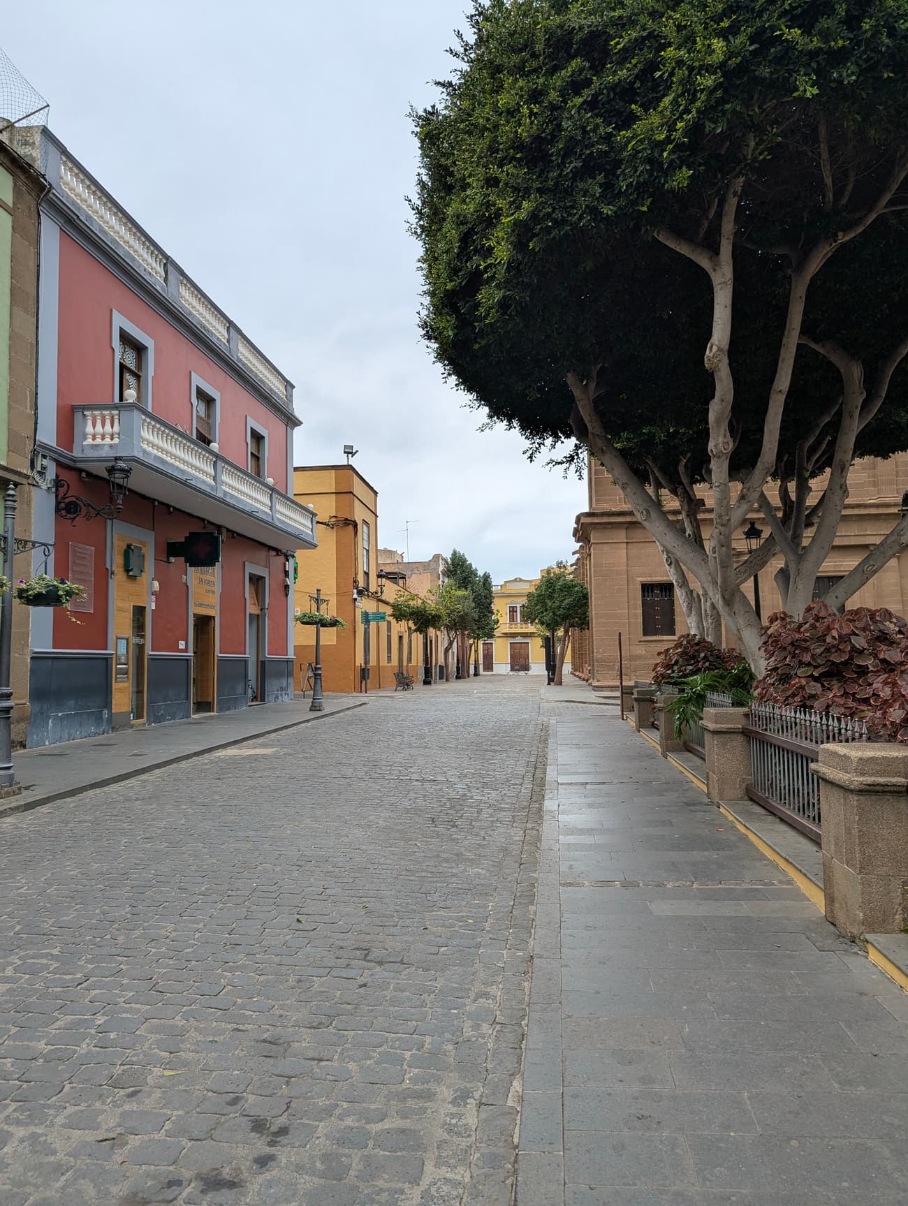 An empty cobbled street in a Canarian old town at dawn: a red house with a white balustrade balcony, ochre facades beyond and a clipped laurel beside the church.