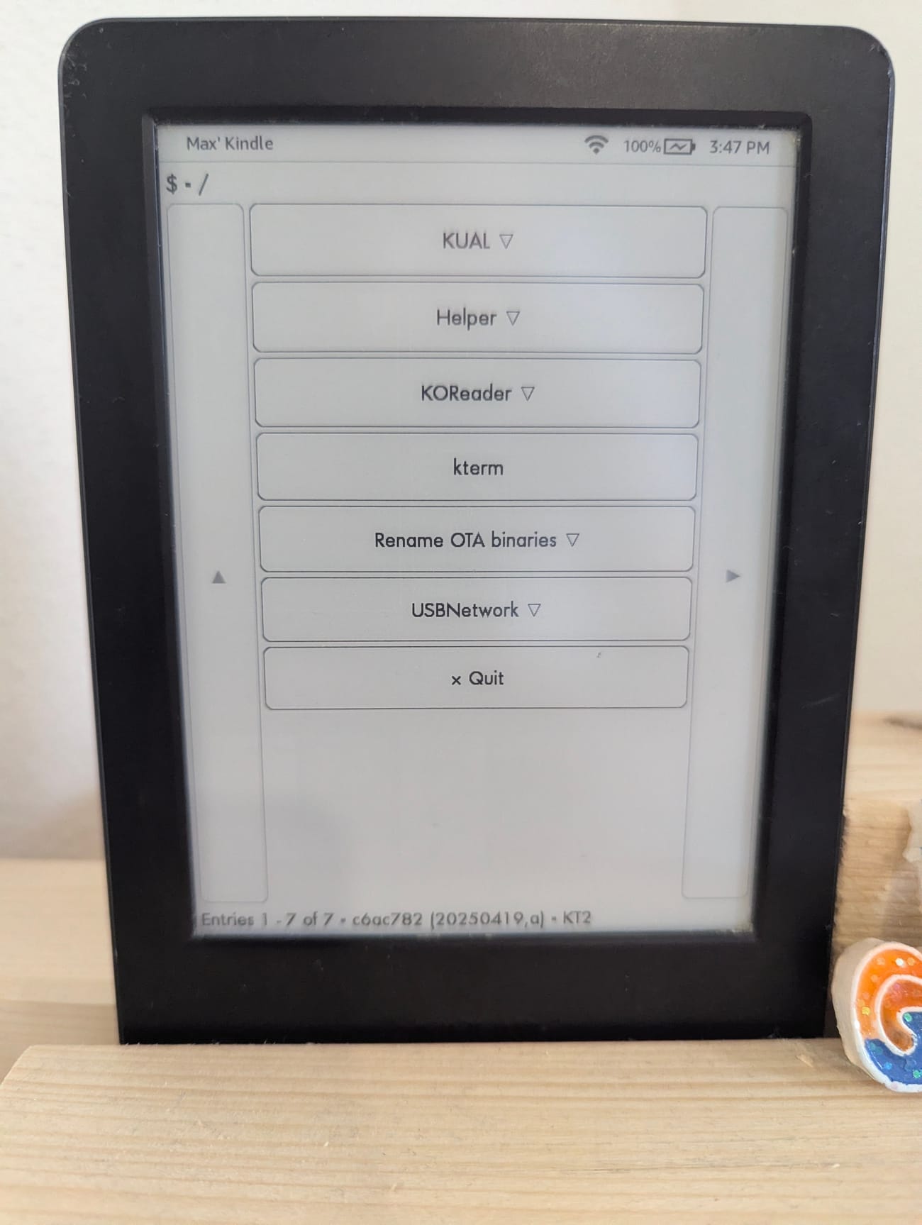 The KUAL launcher, with kterm, USBNetwork and the OTA-blocker installed